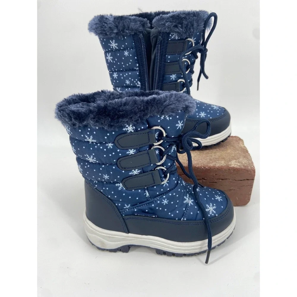 Apakowa Kids Navy Blue Snowflake Winter Snow Boots Faux Fur Lined Waterproof Lug